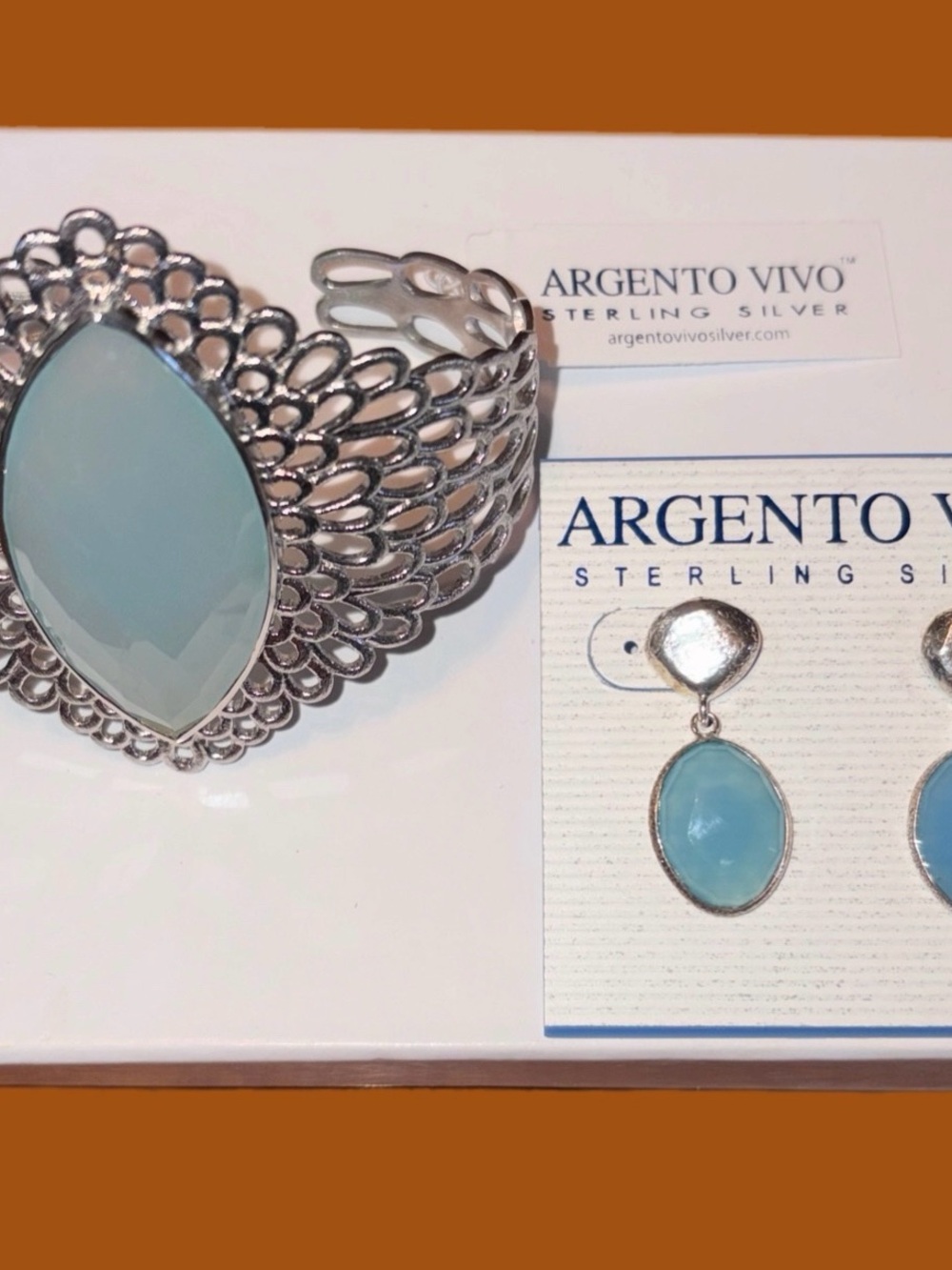 Argento Vivo Sterling Silver Aqua Blue Stone Cuff and Earrings Set